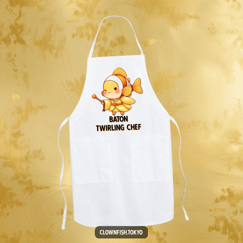 Funny Clownfish Apron with a golden kimono character holding a drumstick, musical and practical kitchenware, great funny gift.