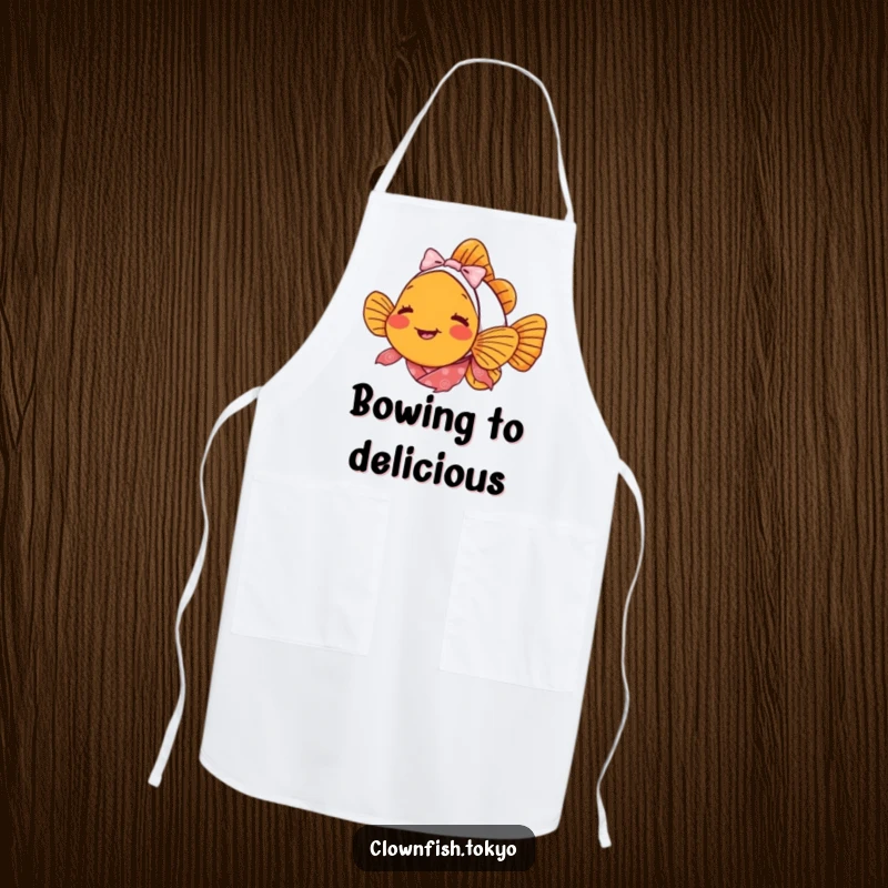 Funny clownfish apron, a delighted fish in a patterned kimono bowing, perfect for kitchen charm.