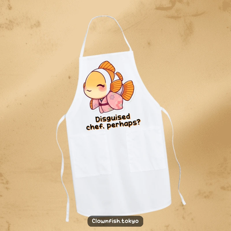 Funny Clownfish Apron with a floral kimono character peeking out, whimsical kitchen accessory, great funny gift for cooks.