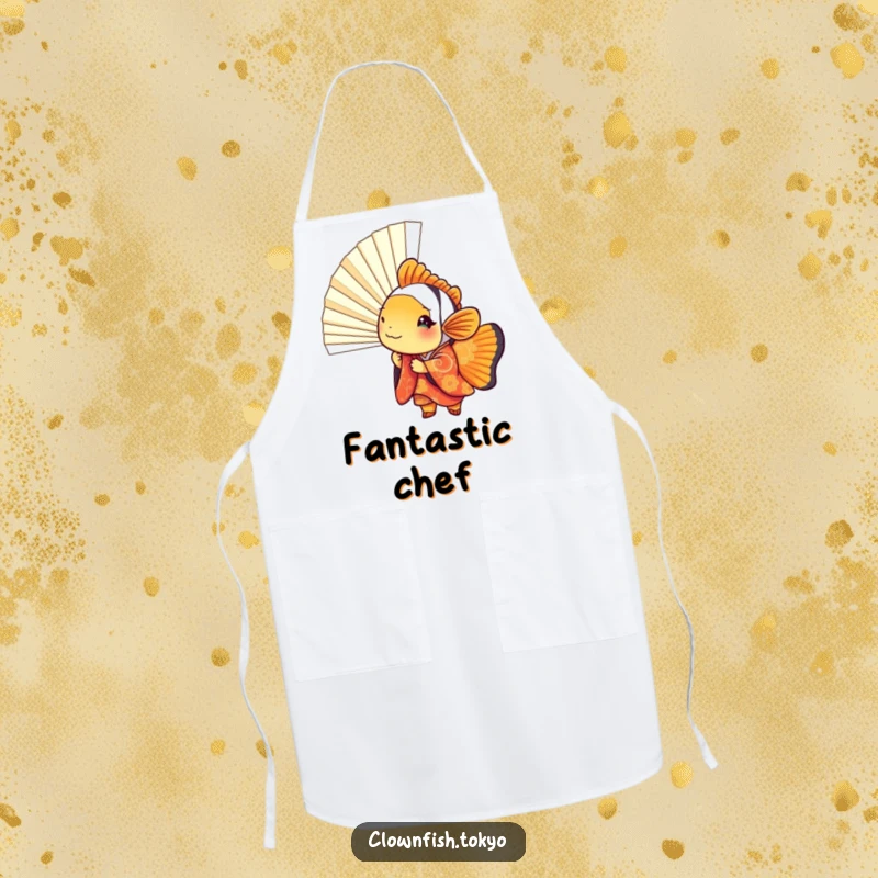 Funny clownfish apron, playful fish in kimono peeking from a fan, perfect for kitchen fun.