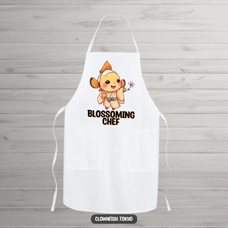 Funny clownfish apron, jolly fish in a patterned silk kimono offering a tiny, stylized blossom.