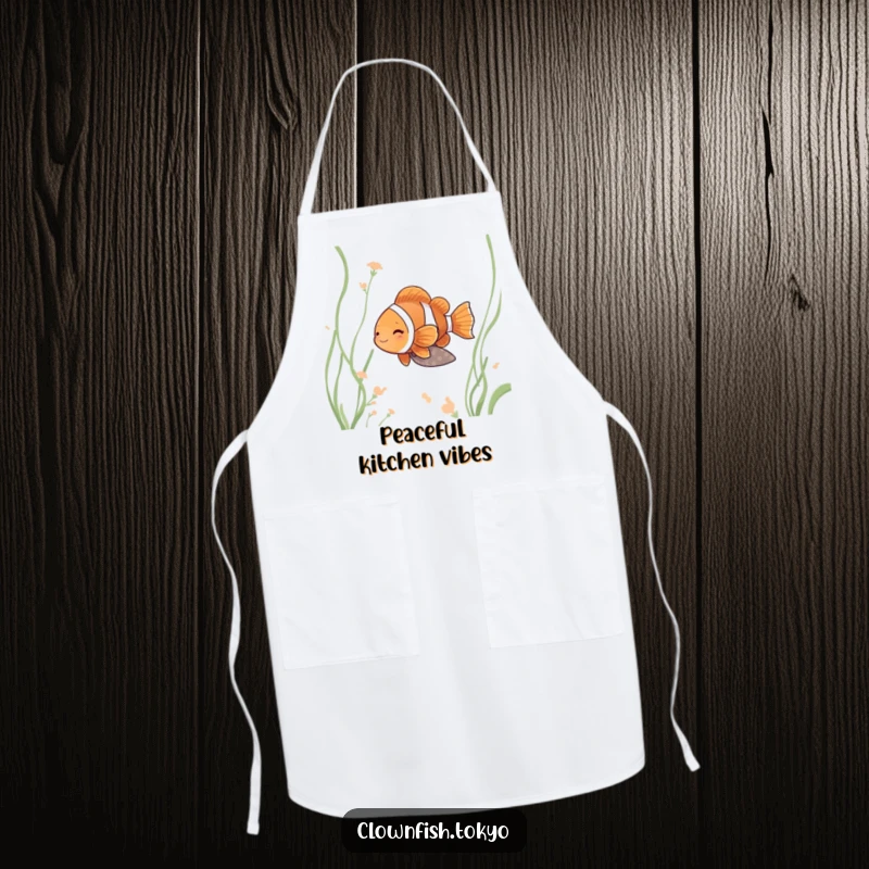Funny clownfish apron, serene fish in muted kimono drifting peacefully through water weeds.