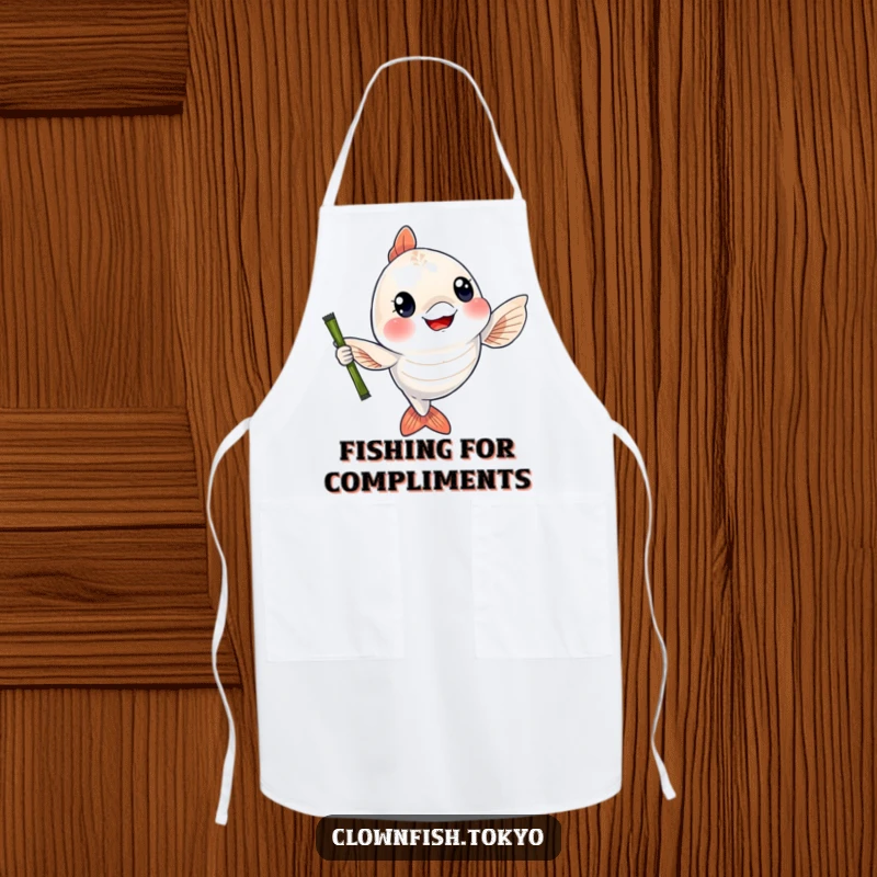 Funny Apron: A cheerful, shimmering fish character waving a bamboo fishing rod, adding fun to kitchen and grilling tasks.