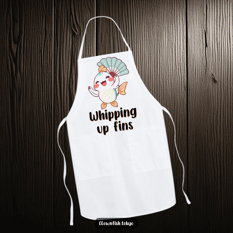 Funny Apron: A joyful, patterned fish character gracefully twirling a decorative fan, bringing artistic flair to the kitchen.