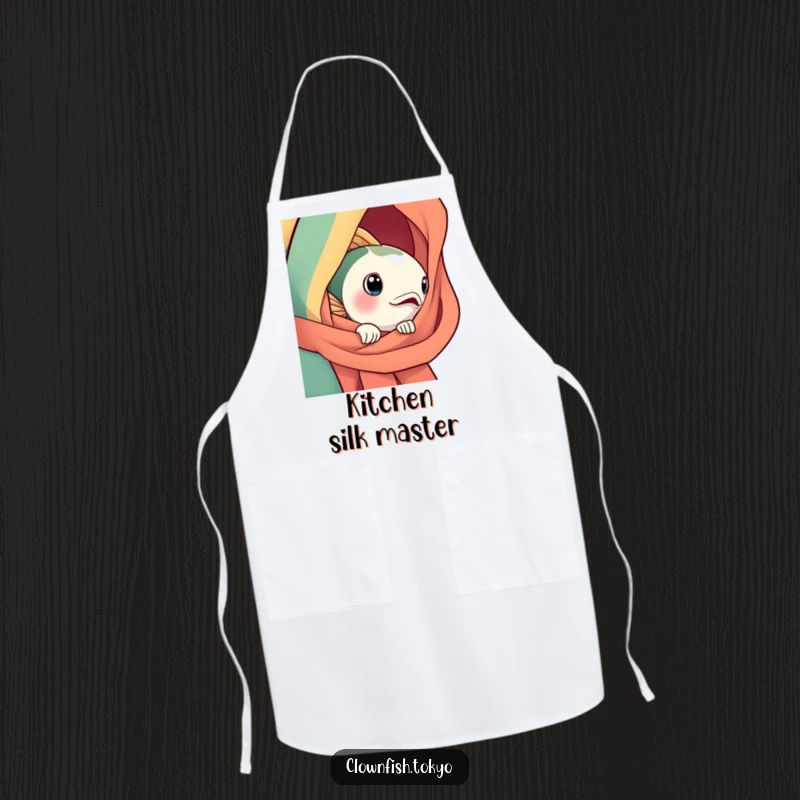 Funny Apron: A curious, bright fish character peeking from a silk obi, bringing Japanese artistry to the kitchen.