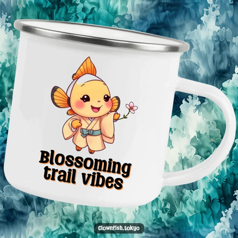 Funny clownfish camping mug, jolly fish in a patterned silk kimono offering a tiny, stylized blossom.
