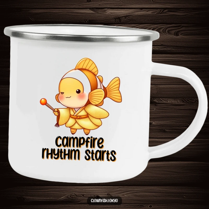 Funny Clownfish Camping Mug with a golden kimono character holding a drumstick, durable and musical, great funny gift.