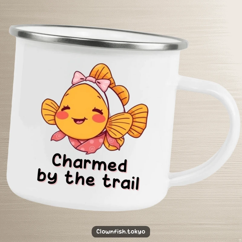 Funny clownfish camping mug, a delighted fish in a patterned kimono bowing, perfect for outdoor adventures.