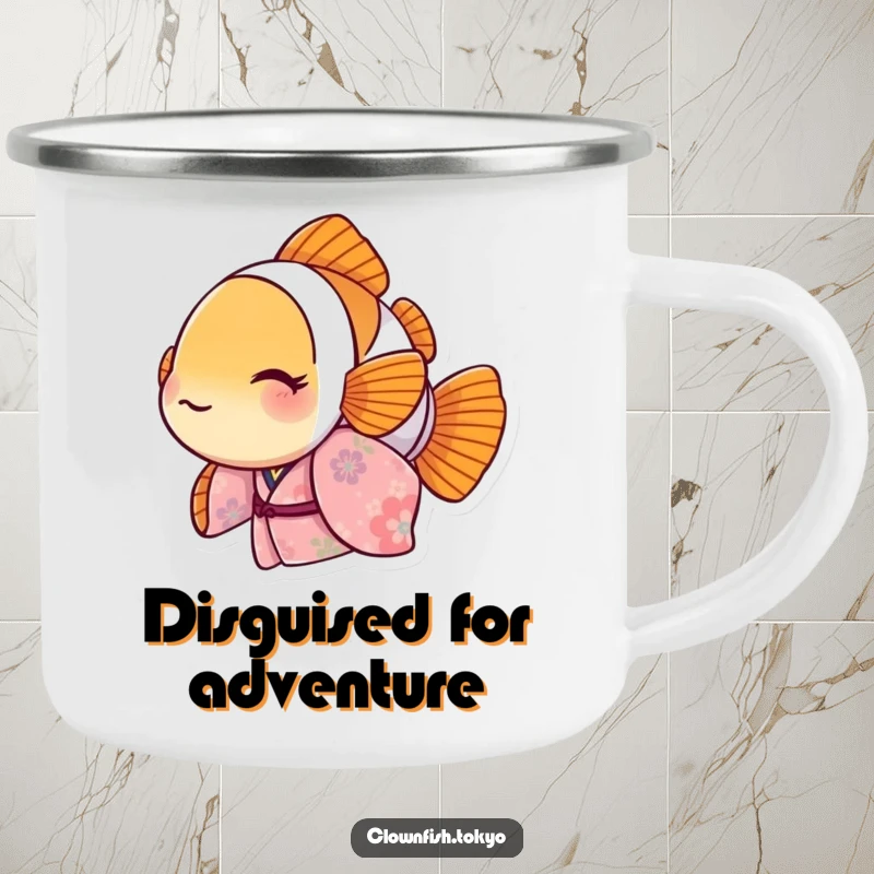 Funny Clownfish Camping Mug with floral kimono peeking out, durable and humorous outdoor gear, great funny gift.