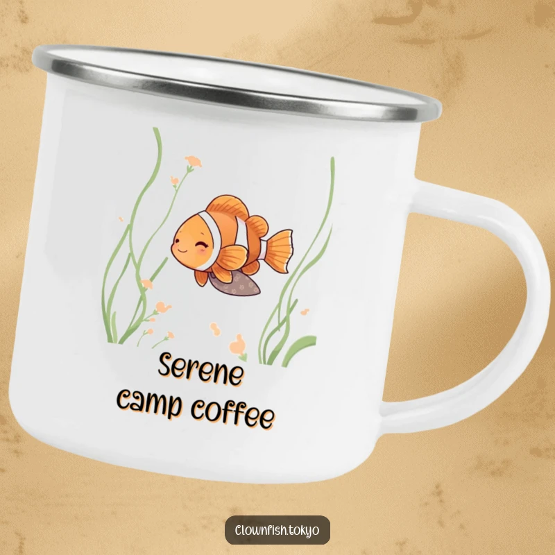 Funny clownfish camping mug, serene fish in muted kimono drifting peacefully through water weeds.