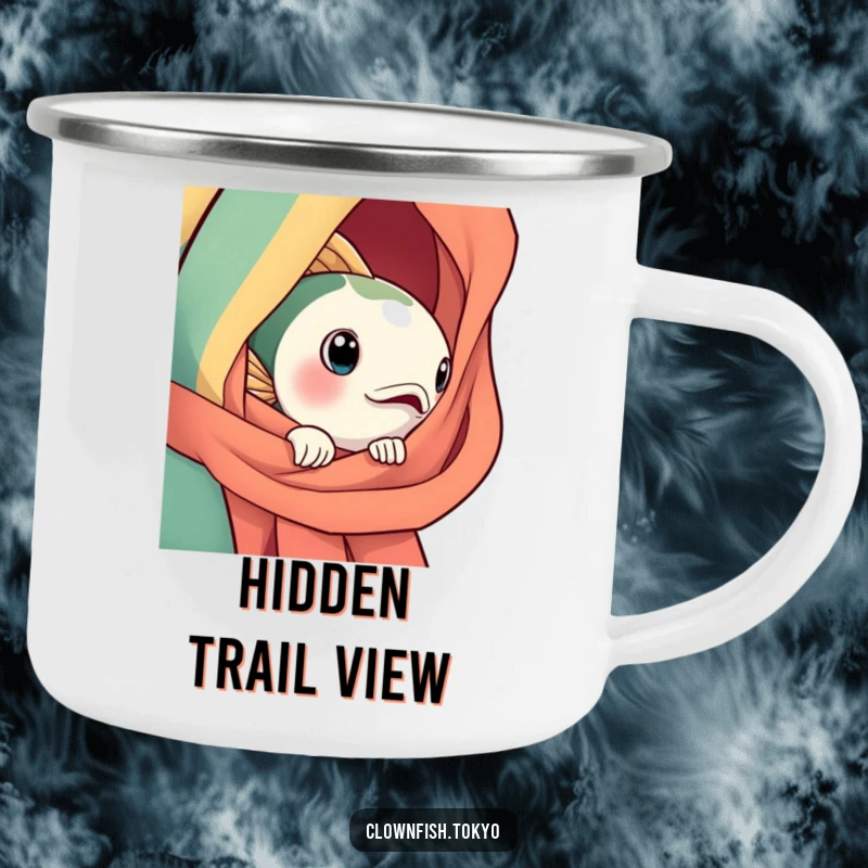 Funny Camping Mug: A curious, bright fish character peeking from a silk obi, ready for all your outdoor adventures.