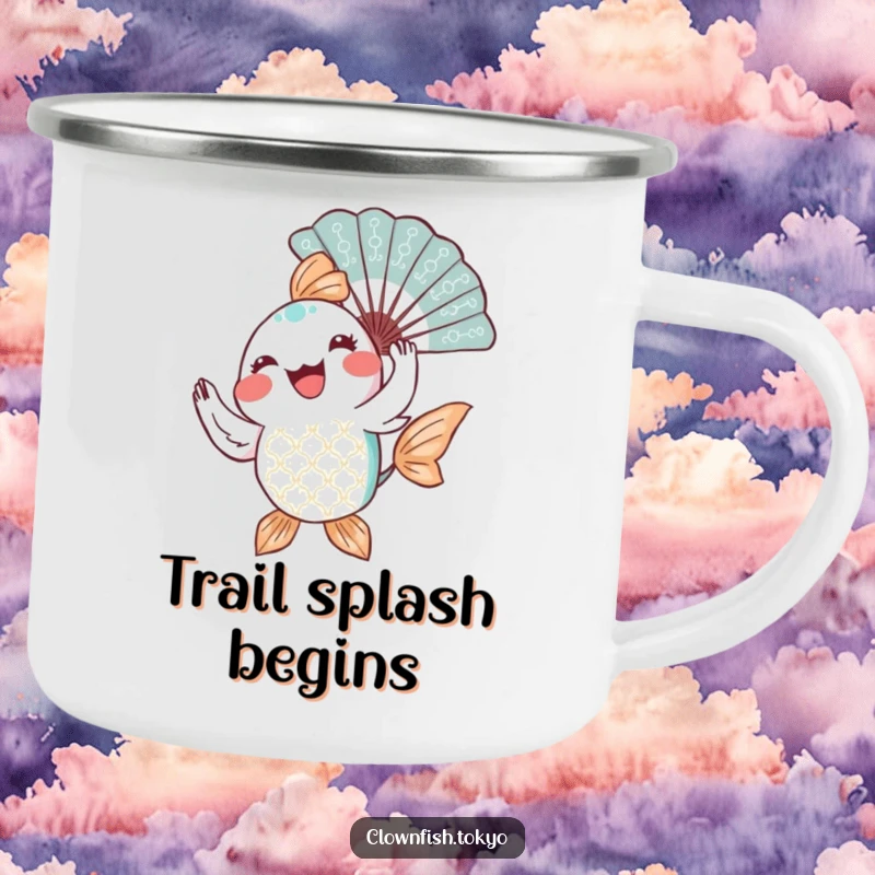 Funny Camping Mug: A joyful, patterned fish character gracefully twirling a decorative fan, designed for outdoor enjoyment.