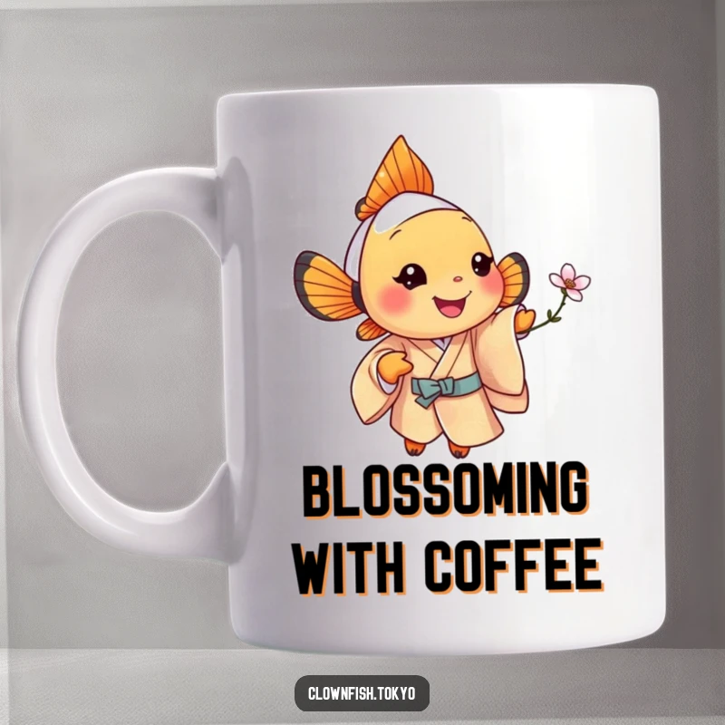 Funny clownfish mug, a jolly fish in a patterned silk kimono offering a tiny, stylized blossom.