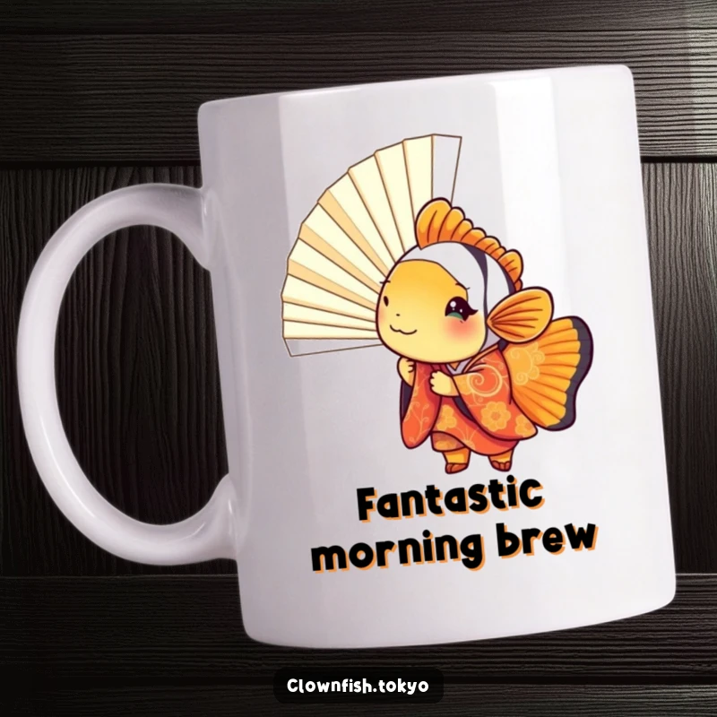 Funny clownfish mug peeking playfully from behind a vibrant fan, wearing a kimono, conveying mischief and cheer.