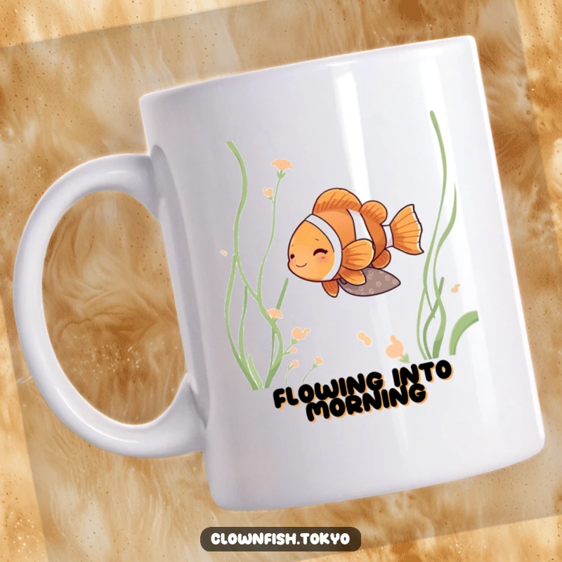 Funny clownfish mug, a serene fish in a muted kimono drifting peacefully amongst flowing water weeds.
