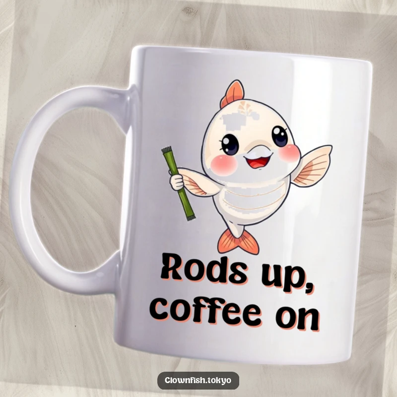 Funny Mug: A cheerful, shimmering fish character happily waving a bamboo fishing rod, embodying joy and angling fun.