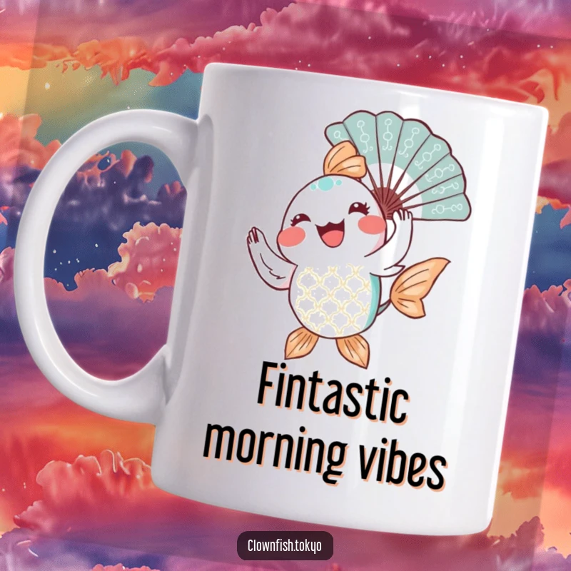 Funny Mug: A joyful, patterned fish character gracefully twirling a decorative fan, showcasing elegance and playful movement.