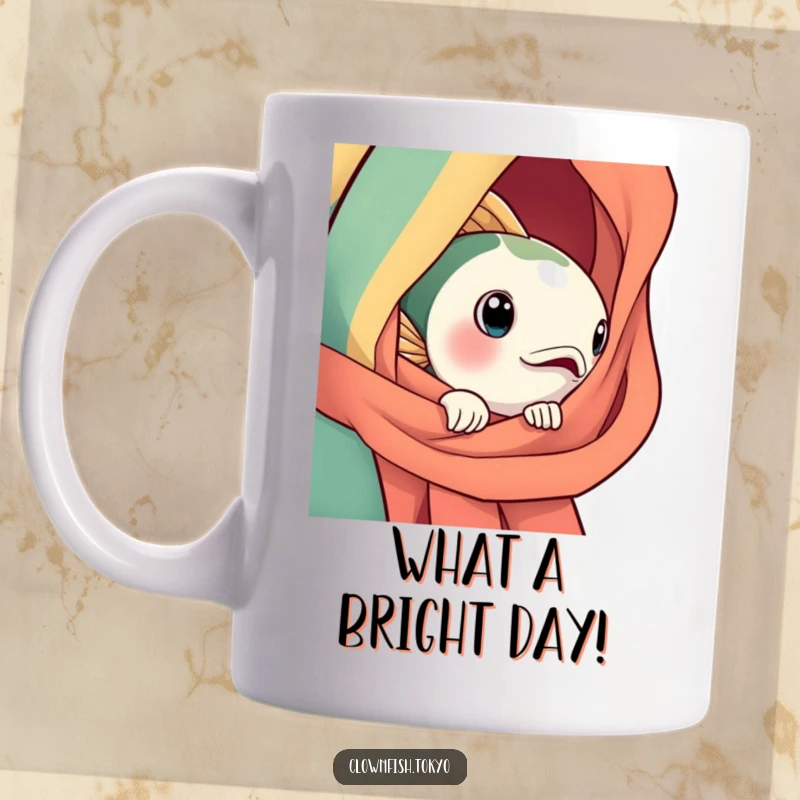 Funny Mug: A curious, bright fish character peeking from a traditional silk obi, showcasing playful intrigue and cultural art.