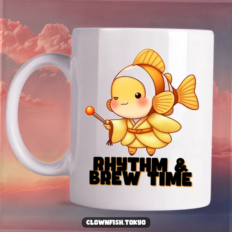 Funny Clownfish Mug in a golden kimono holding a tiny drumstick, unique character, great funny gift idea.