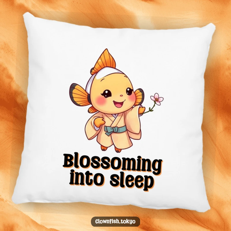 Funny clownfish pillow, soft cushion with a jolly fish in a patterned silk kimono offering a blossom.