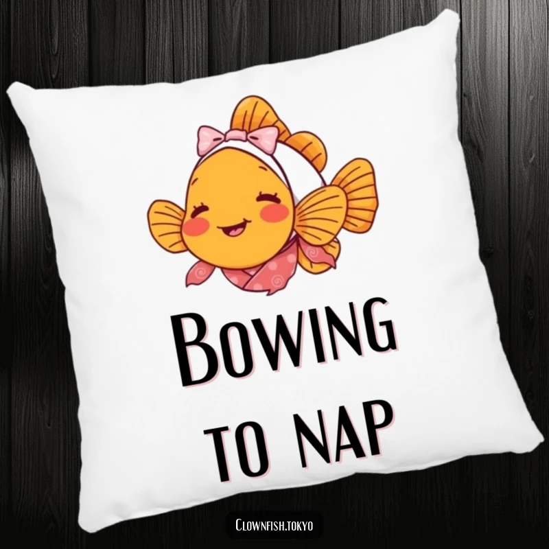 Funny clownfish pillow, soft cushion featuring a delighted fish in kimono bowing with a gentle smile.