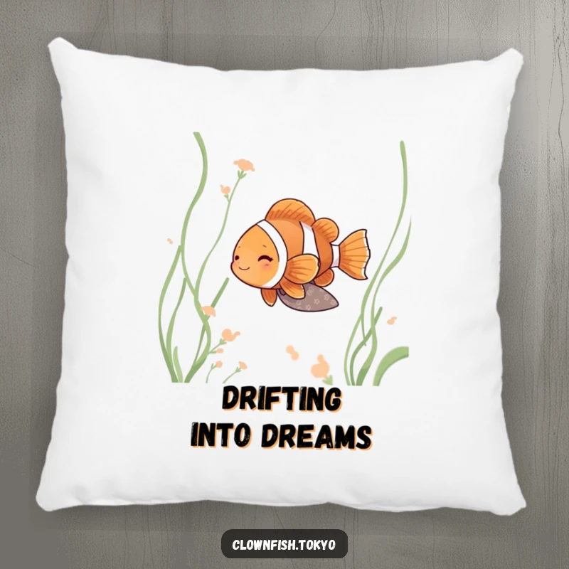 Funny clownfish pillow, soft cushion with a serene fish in muted kimono drifting peacefully.