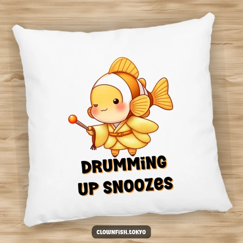 Funny Clownfish Pillow featuring a golden kimono character with a drumstick, soft and musical comfort, ideal funny gift.