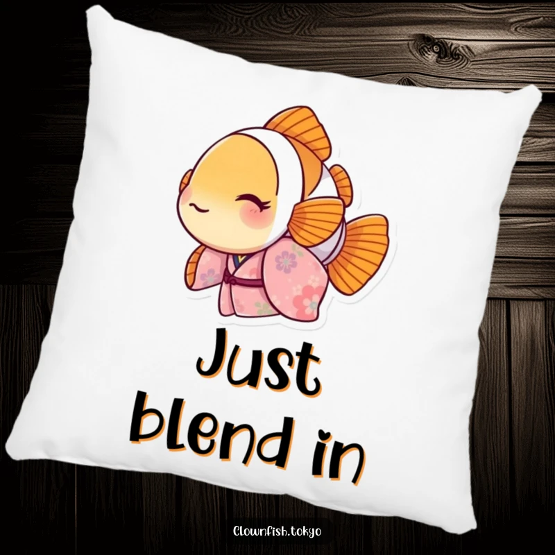 Funny Clownfish Pillow featuring a floral kimono character peeking out, plush and humorous home decor, ideal funny gift.