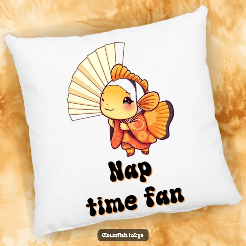 Funny clownfish pillow, soft cushion with a playful fish in kimono hiding behind a fan.