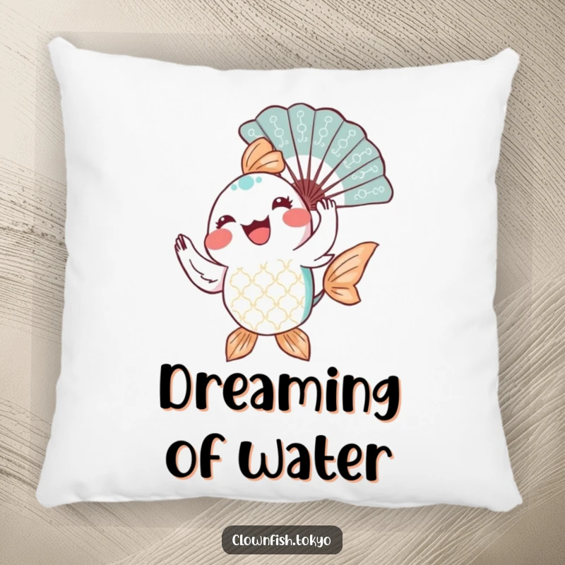 Funny Pillow: A joyful, patterned fish character gracefully twirling a decorative fan, adding artistic comfort to any space.