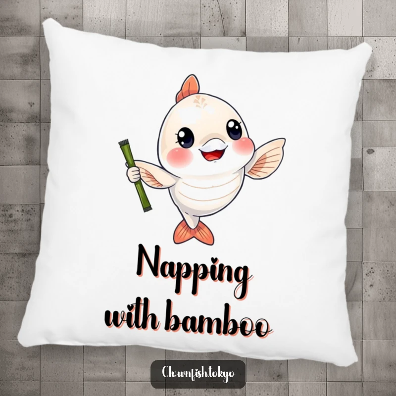 Funny Pillow: A cheerful, shimmering fish character waving a bamboo fishing rod, adding cozy comfort and aquatic charm.