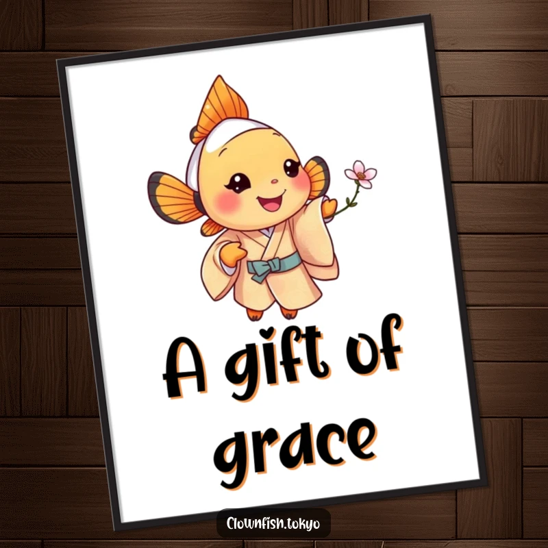 Funny clownfish digital art print, jolly fish in a patterned silk kimono offering a tiny, stylized blossom.