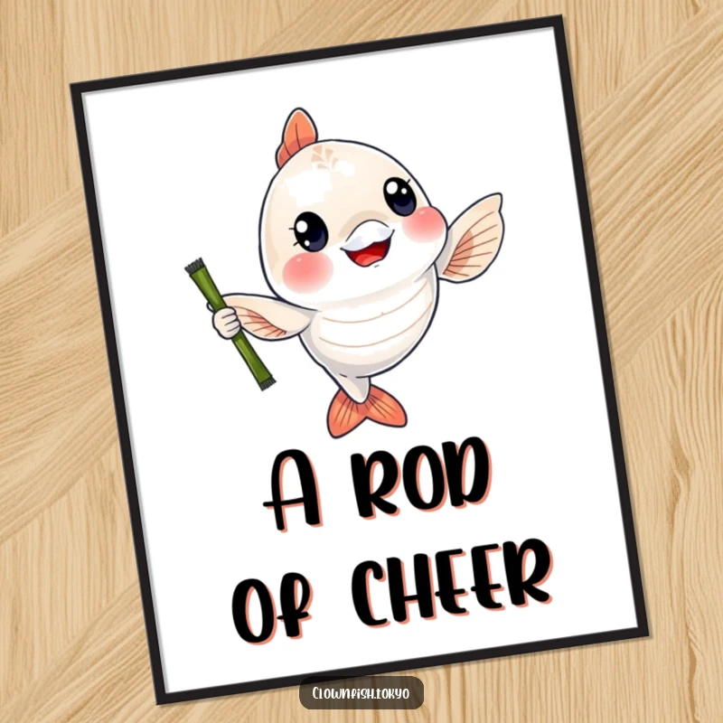Funny Digital Art Print: A cheerful, shimmering fish character waving a bamboo fishing rod, ready for instant download and display.