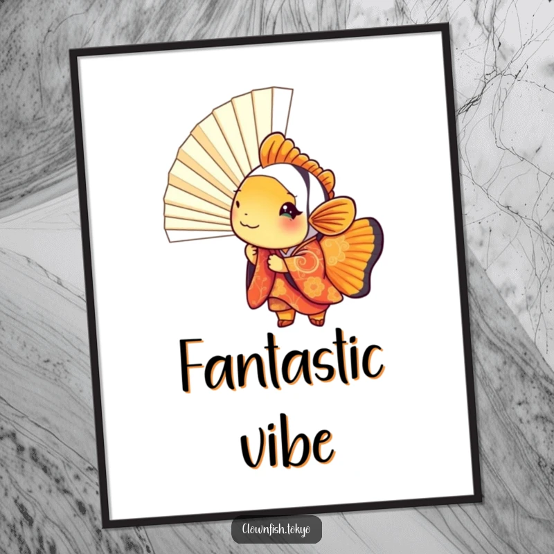 Funny clownfish digital art print, playful fish in kimono peeking from a fan, vibrant and humorous.
