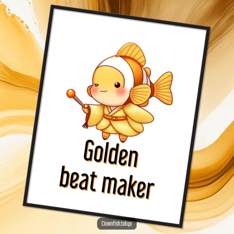 Funny Clownfish Digital Art Print with a golden kimono character holding a drumstick, musical and humorous decor, instant funny gift.