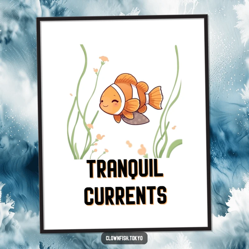Funny clownfish digital art print, serene fish in muted kimono drifting peacefully among water weeds.