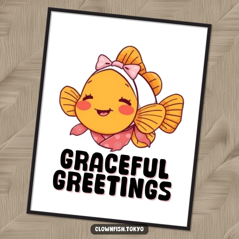 Funny clownfish digital art print, a delighted fish in a patterned kimono bowing with a tiny smile.