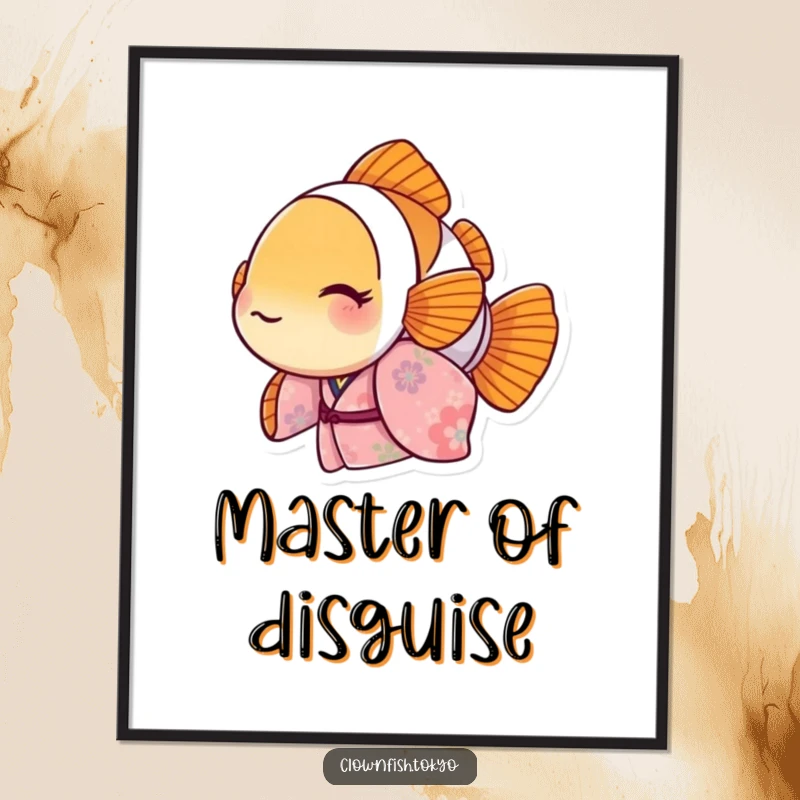 Funny Clownfish Digital Art Print with a floral kimono character peeking out, whimsical and humorous decor, instant funny gift.
