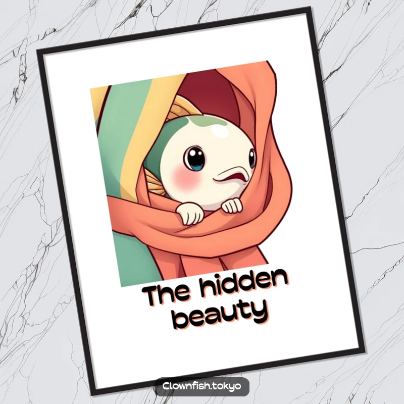 Funny Digital Art Print: A curious, bright fish character peeking from a silk obi, ready for instant download and display.