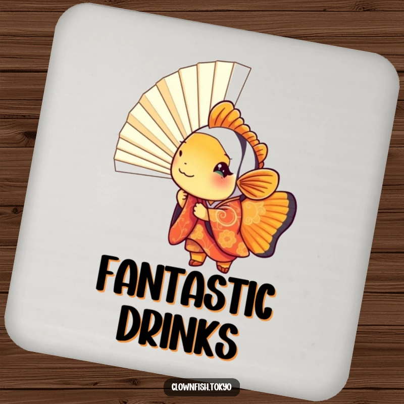 Funny clownfish coaster, playful fish in kimono peeking from a fan, protects surfaces with humor.
