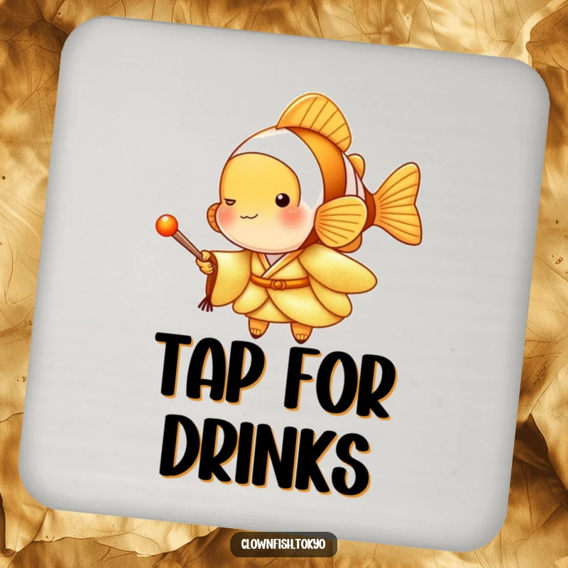 Funny Clownfish Coasters featuring a golden kimono character with a drumstick, musical and protective, ideal funny gift.
