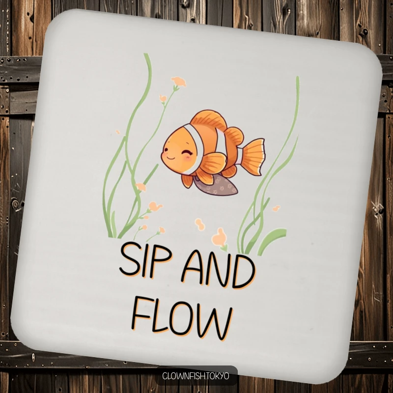 Funny clownfish coaster, serene fish in muted kimono drifting peacefully, protects surfaces with calm.