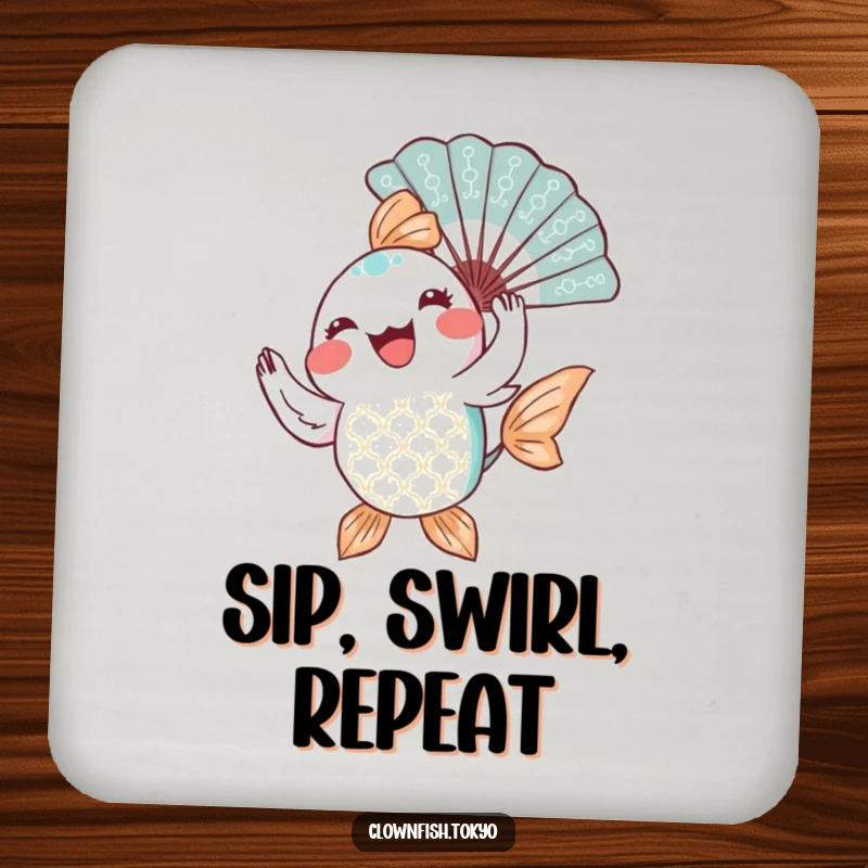 Funny Coaster: A joyful, patterned fish character gracefully twirling a decorative fan, protecting surfaces with artistic flair.