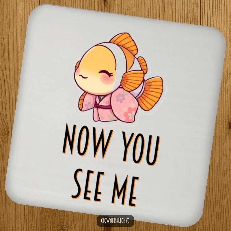 Funny Clownfish Coasters featuring a floral kimono character peeking out, humorous drink protection, ideal funny gift.