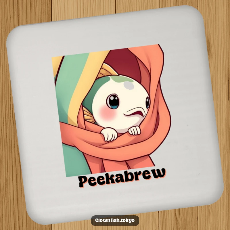 Funny Coaster: A curious, bright fish character peeking from a silk obi, protecting surfaces with Japanese artistic flair.