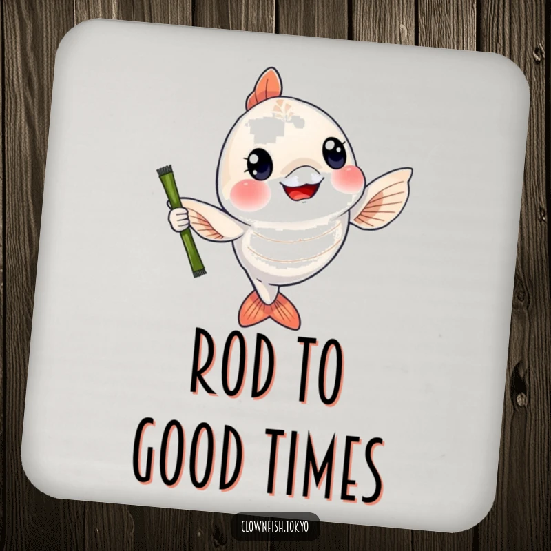 Funny Coaster: A cheerful, shimmering fish character waving a bamboo fishing rod, protecting surfaces with fishing-themed charm.