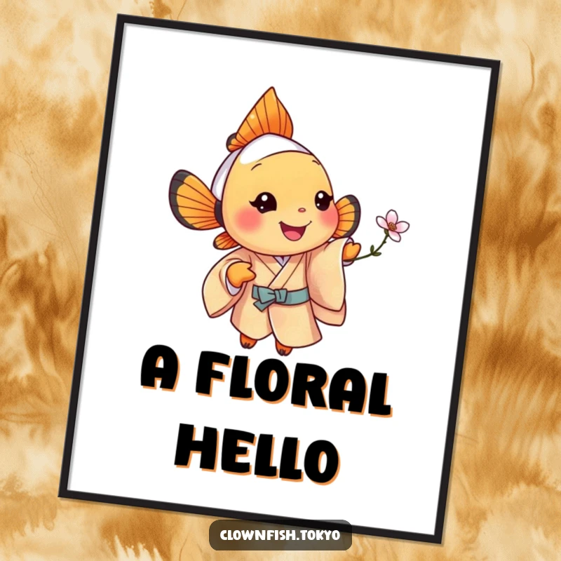 Funny clownfish poster, a jolly fish in a patterned silk kimono offering a tiny, stylized blossom.