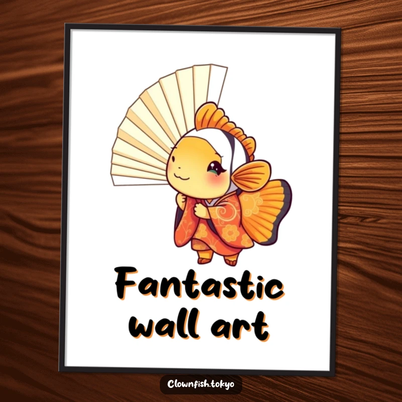 Funny clownfish poster, cute fish in kimono peeking from a fan, vibrant and playful wall decor.