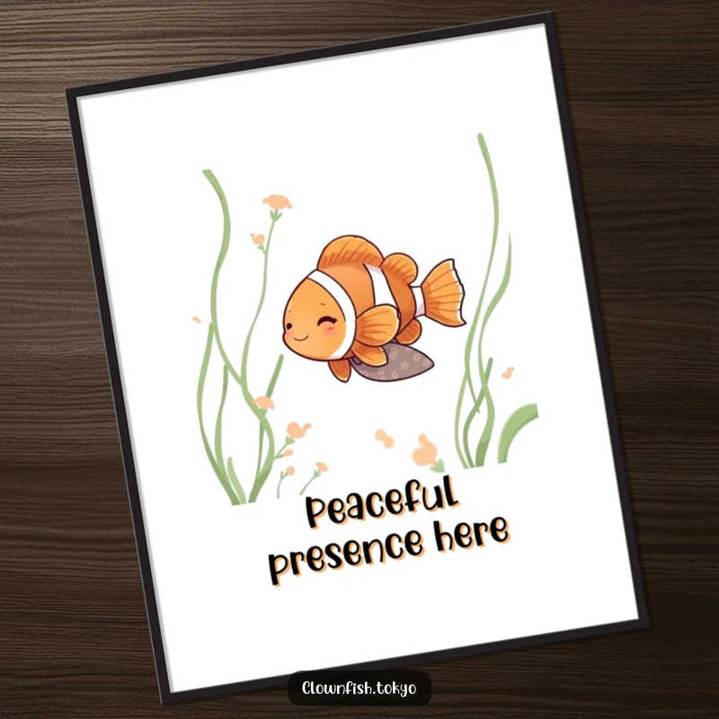 Funny clownfish poster, serene fish in muted kimono drifting peacefully among water weeds.