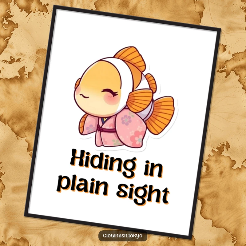Funny Clownfish Poster with a playful character in a floral kimono peeking out, vibrant and humorous wall decor, perfect funny gift.